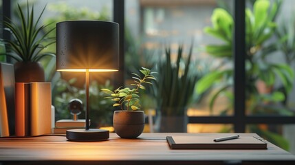 Office Essentials A stylish desk lamp and notebook, enhancing productivity and ambiance in a workspace