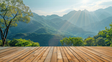 Empty wooden flooring with the mountains on background