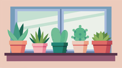 The windowsill is decorated with a row of succulents in pastelcolored pots bringing a touch of nature into the room..