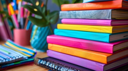 Organizational Tools A stack of colorful notebooks and planners, essential for keeping life on track