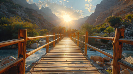 Wooden bridge crossing the river in mountains