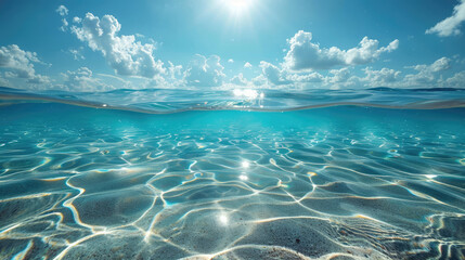 Blue transparent sea or ocean water surface with underwater