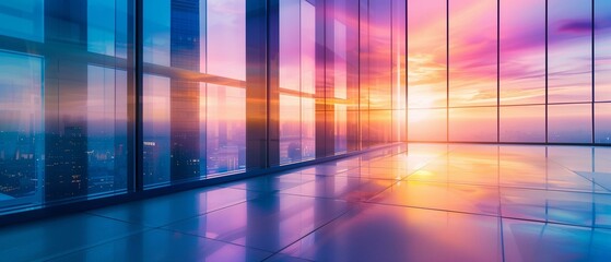 Modern Office Building Interior Overlooking Cityscape at Sunset with Radiant Colors.