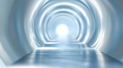 Abstract futuristic blue tunnel with a glowing light at the end, creating a surreal space.
