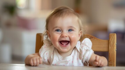 Fototapeta premium Adorable baby girl smiling joyfully at the camera, seated in a wooden high chair.