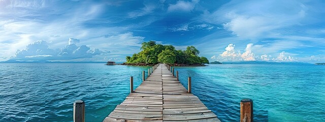 Stunning panorama of the island with clear water and wooden bridge leading to the beach