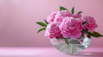 Lush pink peonies displayed in a transparent glass bowl on a pink surface, evoking a fresh, elegant floral arrangement.