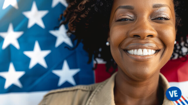 Smiling woman with American flag background and voting sticker
