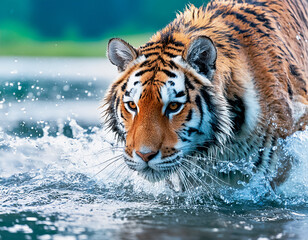 Majestuoso tigre macho caminando por un río
