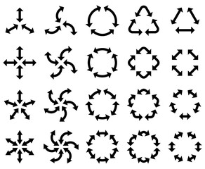 様々な形の集中・拡散・回転する矢印のベクターイラストセット