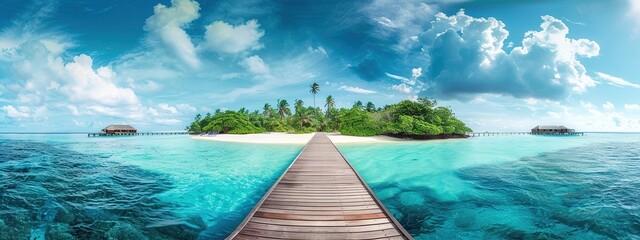 Stunning panorama of the island with clear water and wooden bridge leading to the beach