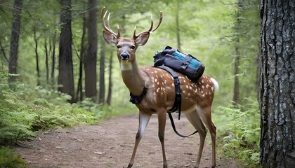 A Deer With A Backpack Hiking In The Woods