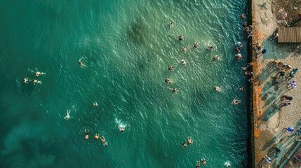 Aerial Drone View of People Swimming in Cold Water in the Winter, Epiphany Christian Holiday, Varna, Bulgaria. - obrazy, fototapety, plakaty