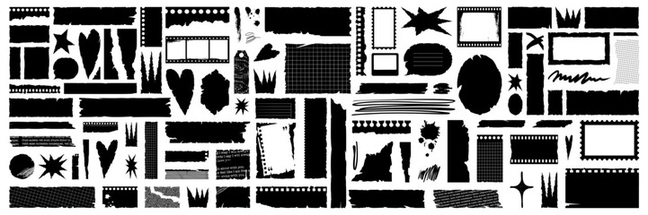 Set of grunge jagged rectangle shape assets. Black torn paper sheet for sticker, collage, banner. Vector illustration isolated on white background.