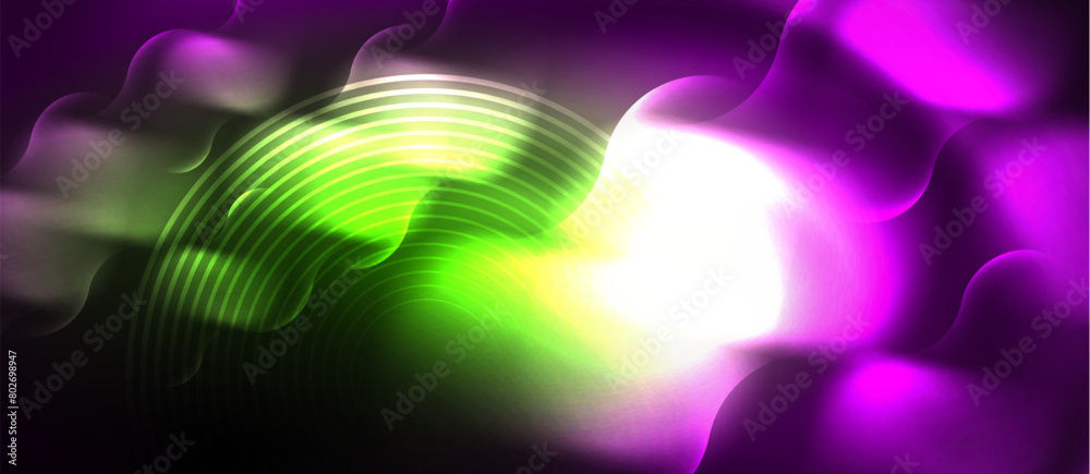 Poster an event with a vibrant purple and green background, accented with glowing magenta light in the midd