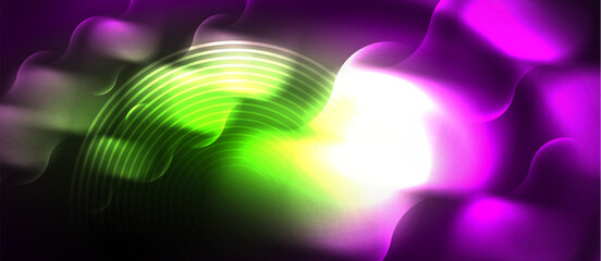 An event with a vibrant purple and green background, accented with glowing magenta light in the middle. Visual effect lighting creates an electric atmosphere for entertainment