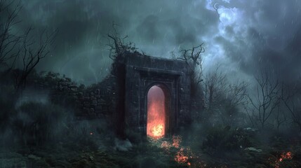 A door opening to a nightmarish scene at night in an open field, with dungeons, hellish fire, and smoke, ring gate shrouded in mist