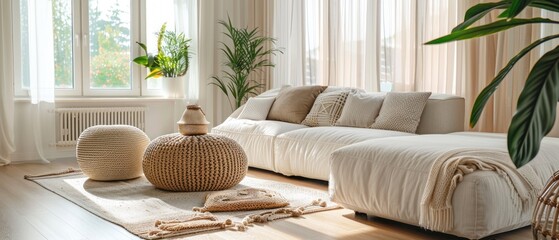 A living room with a white couch and a plant