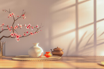 Zen interior design composition with natural elements and lighting creating a relaxing ambiance.