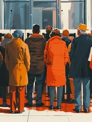 Design an impactful image showcasing a diverse group in a heated discussion over a backdrop of voting booths Capture a sense of urgency and determination in their body language