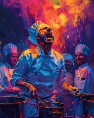 Illustrate a dramatic scene of a celebrity chef overcoming obstacles in a high-stakes cooking competition Show intense expressions, steam rising from pots