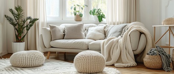A living room with a white couch, a white throw blanket, and a white pillow