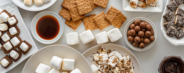flat lay spread of gourmet marshmallows and s'mores ingredients arranged for a cozy dessert platter on a white background.