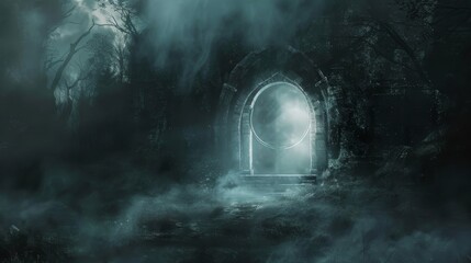 A foreboding open door casts light on a ring gate amidst a smoke-filled dungeon, with a forest hut hidden in dark, misty surroundings, invoking fear