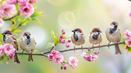 sparrows perched on cherry blossom branch springtime