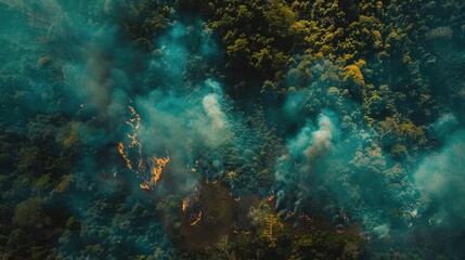 Aerial view of a forest fire line encroaching on lush greenery