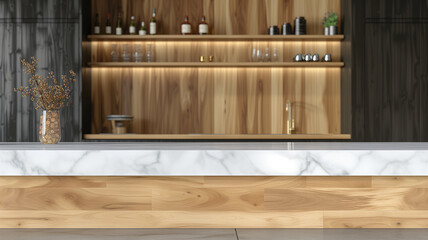 Wooden table with blurred kitchen background
