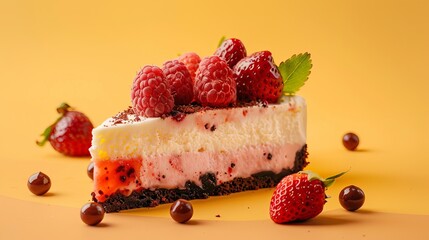 Close-up photograph featuring a slice of strawberry cheesecake in the foreground, accompanied by a slice of black forest cake. The cakes are set against a warm yellow background.