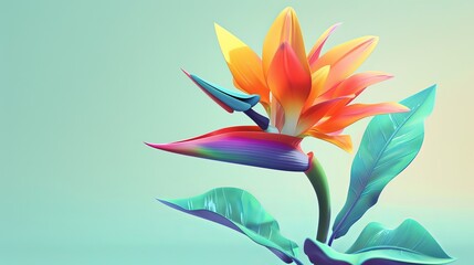 Charming isometric 3D illustration of a colorful flower with a bird's head resembling a log beak, inspired by the bird of paradise flower. The bird's head is facing to the right.
