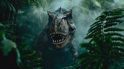 Realistic frontal photo of a T-Rex dinosaur portrait in a deep jungle rainforest, surrounded by fern trees. Palms and other plants are visible through the fog in the background.