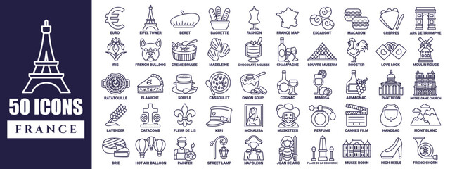 50 France icon collection in line style with name in every icon