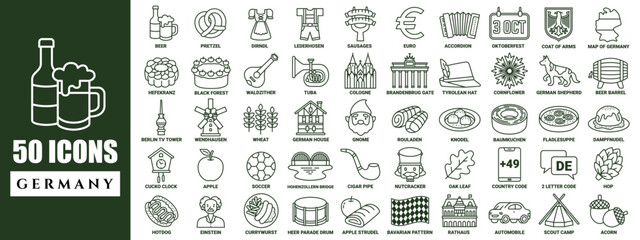 50 Germany icon collection in line style with name in every icon