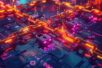 Obraz premium Digital chain link Link protection, Chain of network connections background, Blockchain and network.