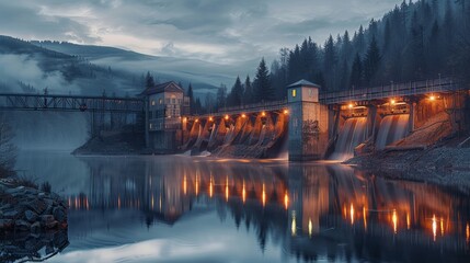 A detailed, lifelike drawing of a hydroelectric power station, set against the backdrop of an evening sky. The station is reflected in the calm water below, illuminated by the soft glow of lanterns