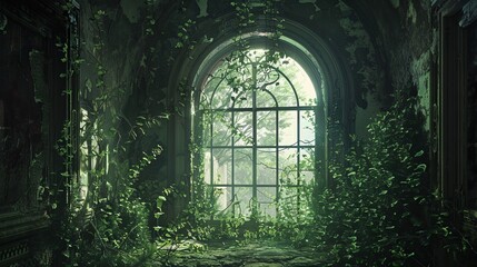Obraz premium Within a fantastical, deserted structure, where verdant foliage gracefully adorns the walls. The view is framed by an arched glass window, evoking a fairy tale ambiance.
