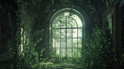 Within a fantastical, deserted structure, where verdant foliage gracefully adorns the walls. The view is framed by an arched glass window, evoking a fairy tale ambiance.