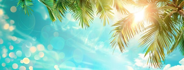 Fototapeta na wymiar tropical beach with palm leaves and sand on sea waves background.