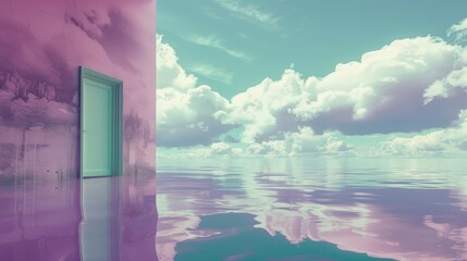 A soothing panorama of lavender and mint green pastels, with a door that leads to a reflective lake under a cloud-filled sky, fostering tranquility