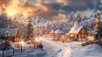 A metallic 3D image in ultra-high definition, portraying a realistic, landscape-format Christmas background with a village covered in snow