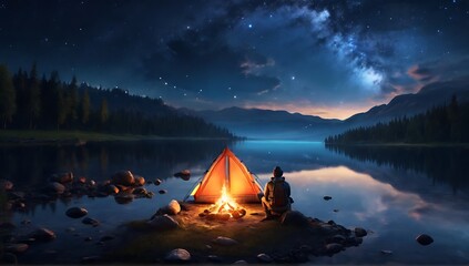 camping on the edge of a very beautiful lake at night with clear skies, made with AI generative