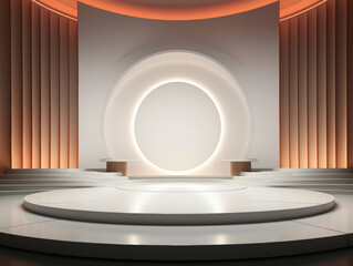 Contemporary tech event stage featuring a sleek white podium
