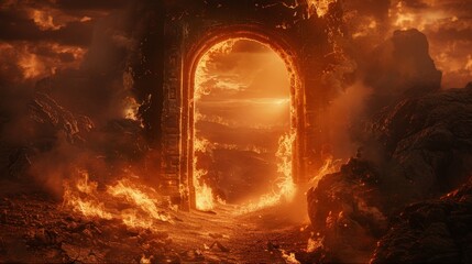 Archery portal door framed by flames, opening into a hellish, dark landscape, where everything is scorched and the atmosphere is dense with fear - obrazy, fototapety, plakaty