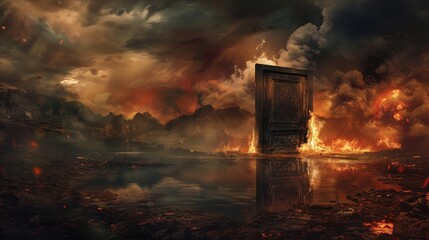 Apocalyptic vision of a door standing by a reflective lake in hell, surrounded by fires and a terrifying landscape that burns eternally
