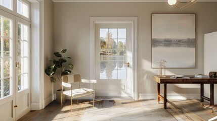 Fototapeta premium Calming study and relaxation space with a door framing a dreamy landscape, reflective lake, and warm neutrals like taupe, enhancing the room's welcoming vibe