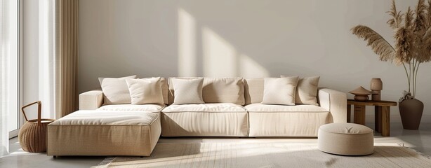 White sofa with white wall background and green plants beside it.
