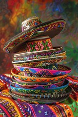 Obraz premium Mexican hats stacked on a colorful background. Mexico. Toned.